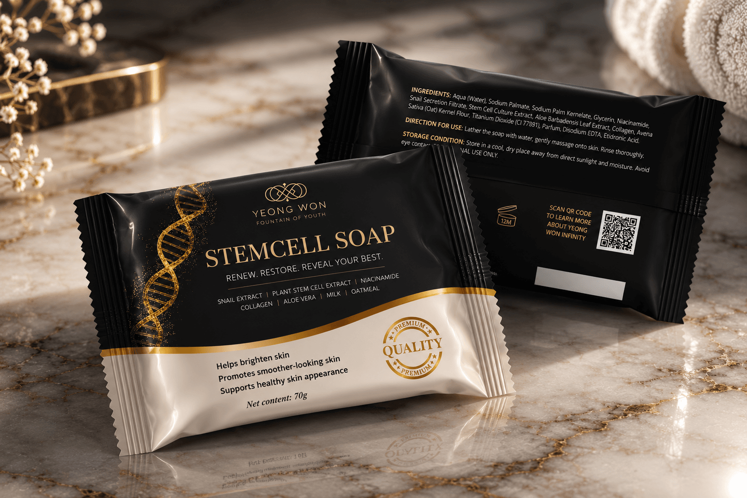 Front and back of the black-and-gold Stemcell Soap sachet on marble